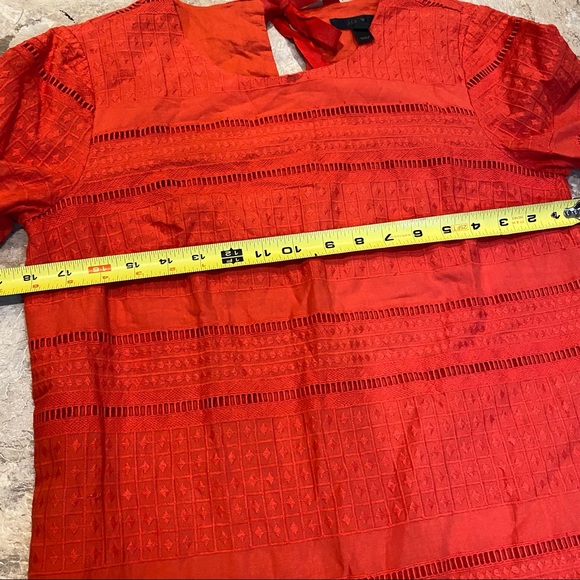 J Crew Coral Red Eyelet Embroidered Tie Neck Flutter Sleeve Shift Dress Size 4. - Picture 8 of 11